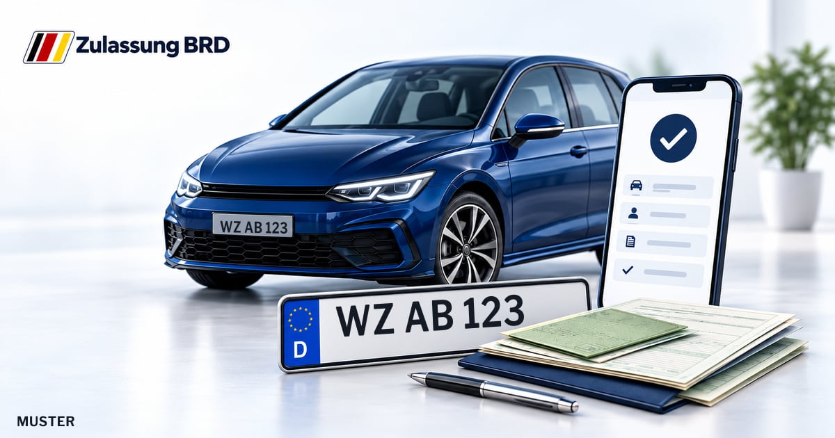 Online Fahrzeugzulassung in Leun: Musterkennzeichen WZ AB 123, Auto und Fahrzeugpapiere und Smartphone. Illustration mit Logo von Zulassung BRD.
